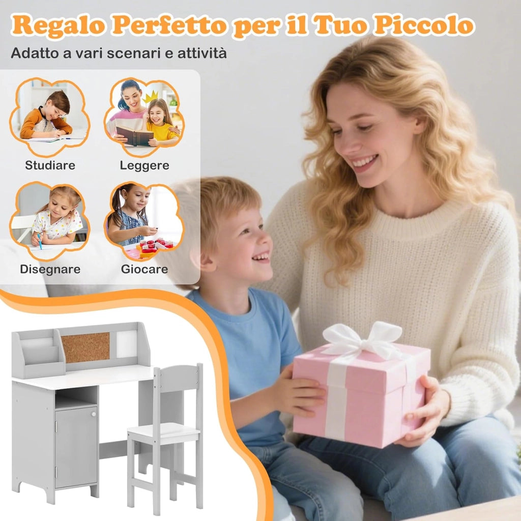 Set Scrivania e Sedia per Bambini per Studio e Lettura, Grigio | Banco Scuola con Sedia Ergonomica, Lavagna Bianca, Pennarello, Armadietto e Bacheca, Postazione Computer per Cameretta Studio