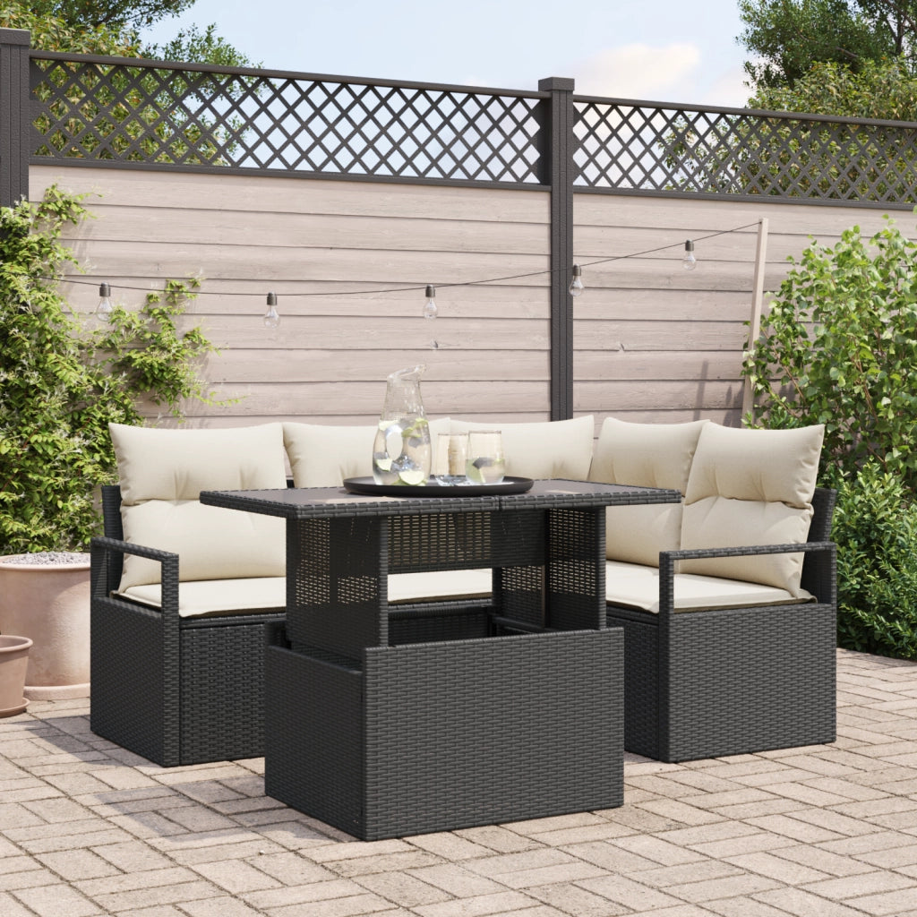 Set Divano da Giardino 5 Pezzi con Cuscini in Rattan Polyrattan Nero