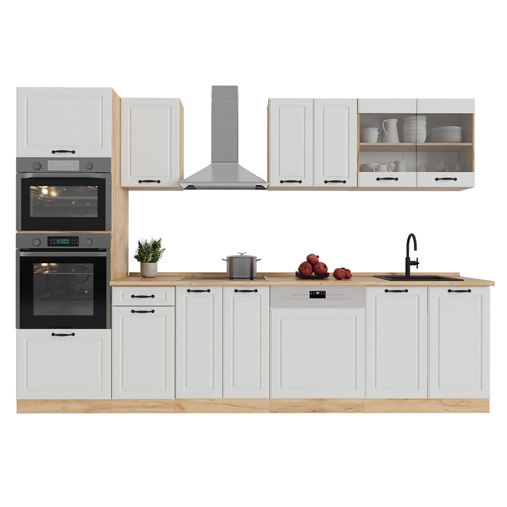 Cucina componibile R-Line Bianco rustico/Rovere dorato 300 cm con armadio alto, PL Marmo Vicco