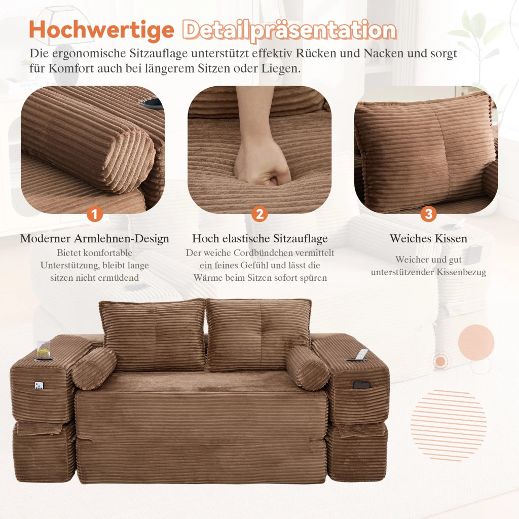 Divano letto pieghevole con portabicchieri tasche laterali e cuscini in memory foam in velluto a coste marrone