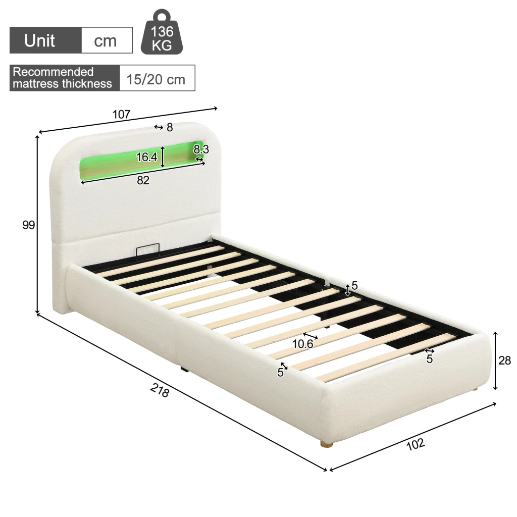 Letto singolo imbottito 90x200 cm con contenitore idraulico, LED e rete a doghe, bianco bouclé