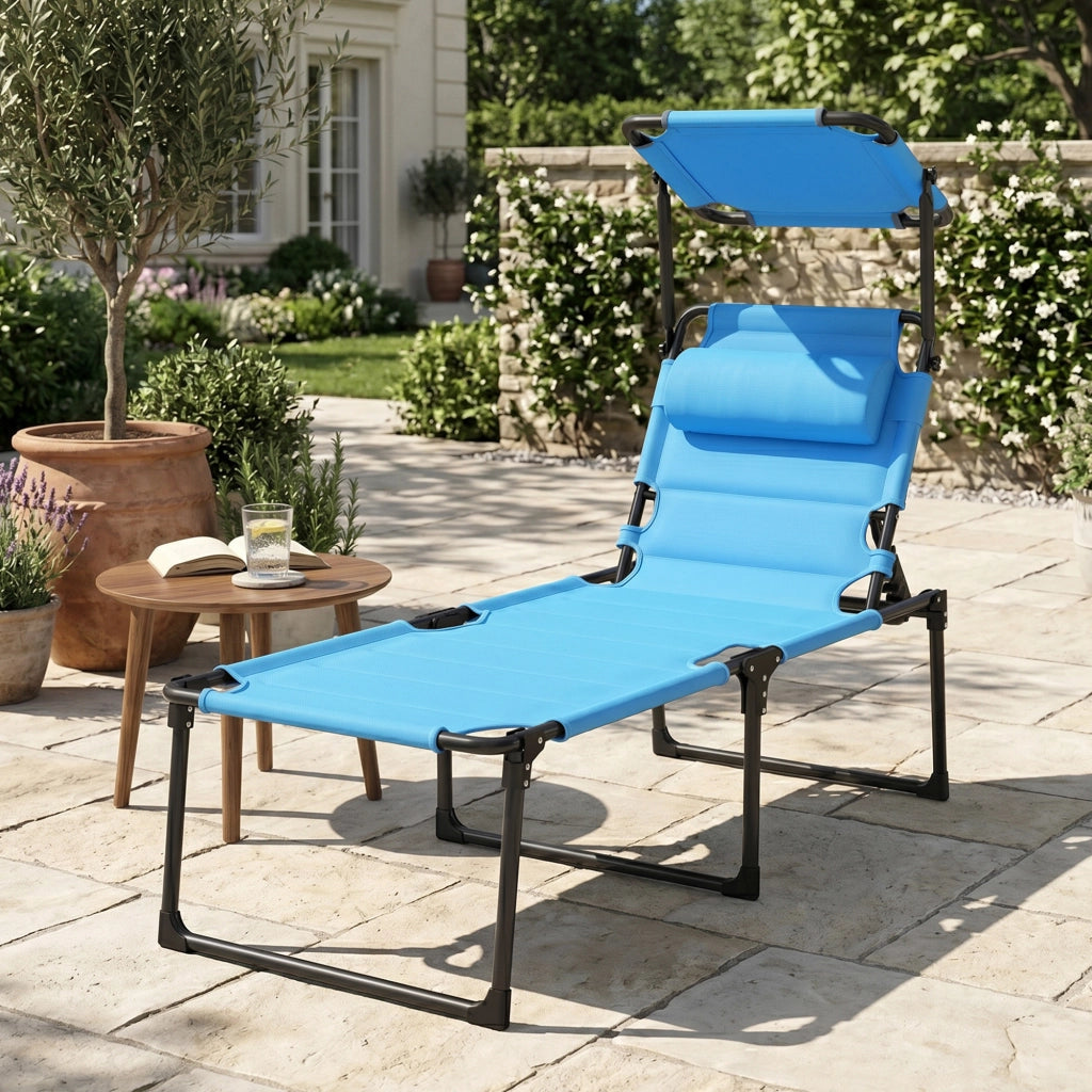Tumbona da giardino con braccioli e ombrellone regolabile ¨C zephmum ¨C azzurro 70x200x45 cm