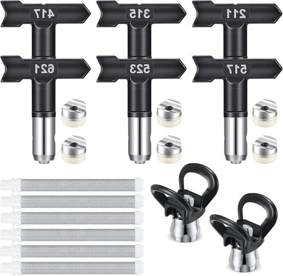 6 set di pistole a spruzzo senza aria - punta adattabile - filtri a 60 Mesh - sistemi di aspirazione vernici - 211 315 417 517 523 621