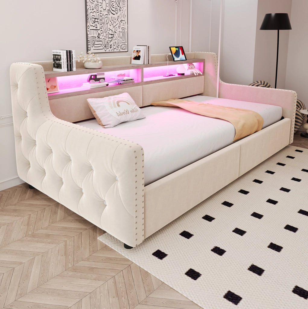 Divano letto imbottito beige 90 x 200 cm con vano contenitore e LED