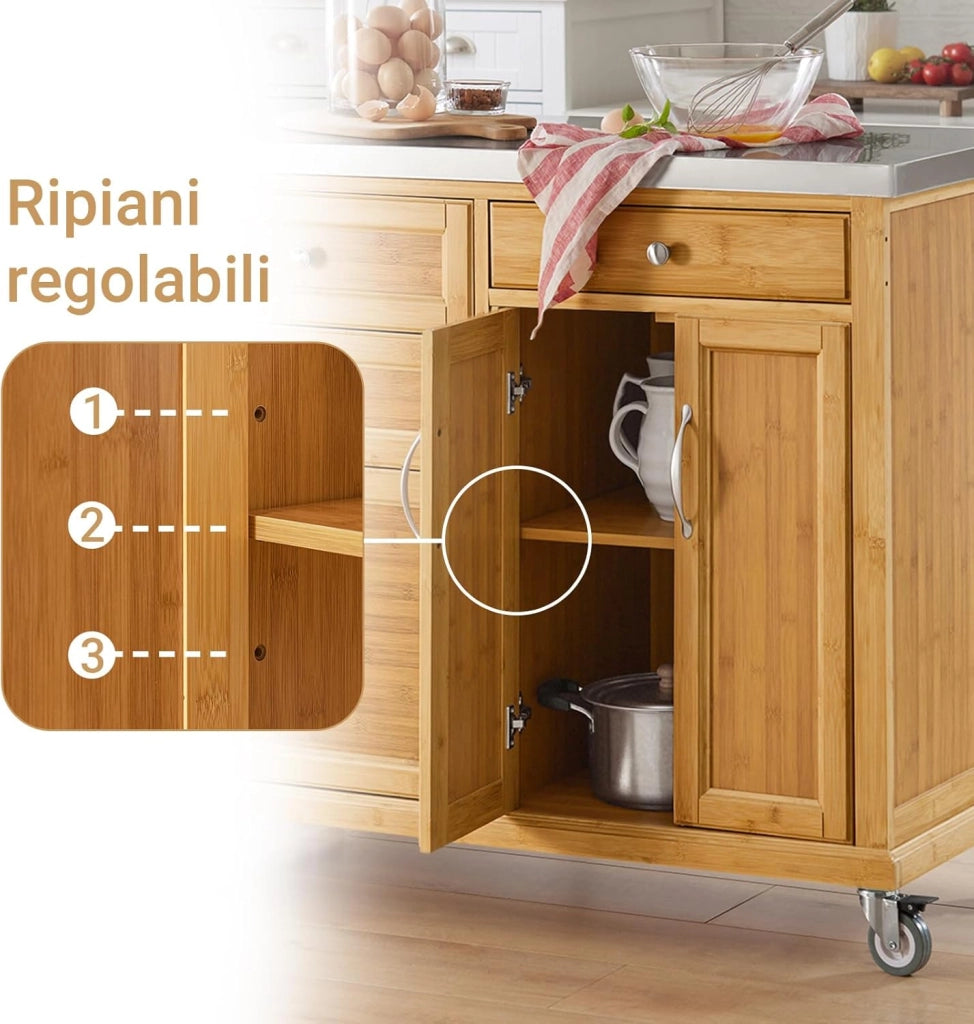 Carrello Cucina con Ruote Isola Cucina con Piano di Lavoro in Acciaio Inox, 4 Cassetti e Ripiani Regolabili Mobile Salvaspazio per Mobili da Cucina Naturale 115 x 46 x 92 cm FKW70-N