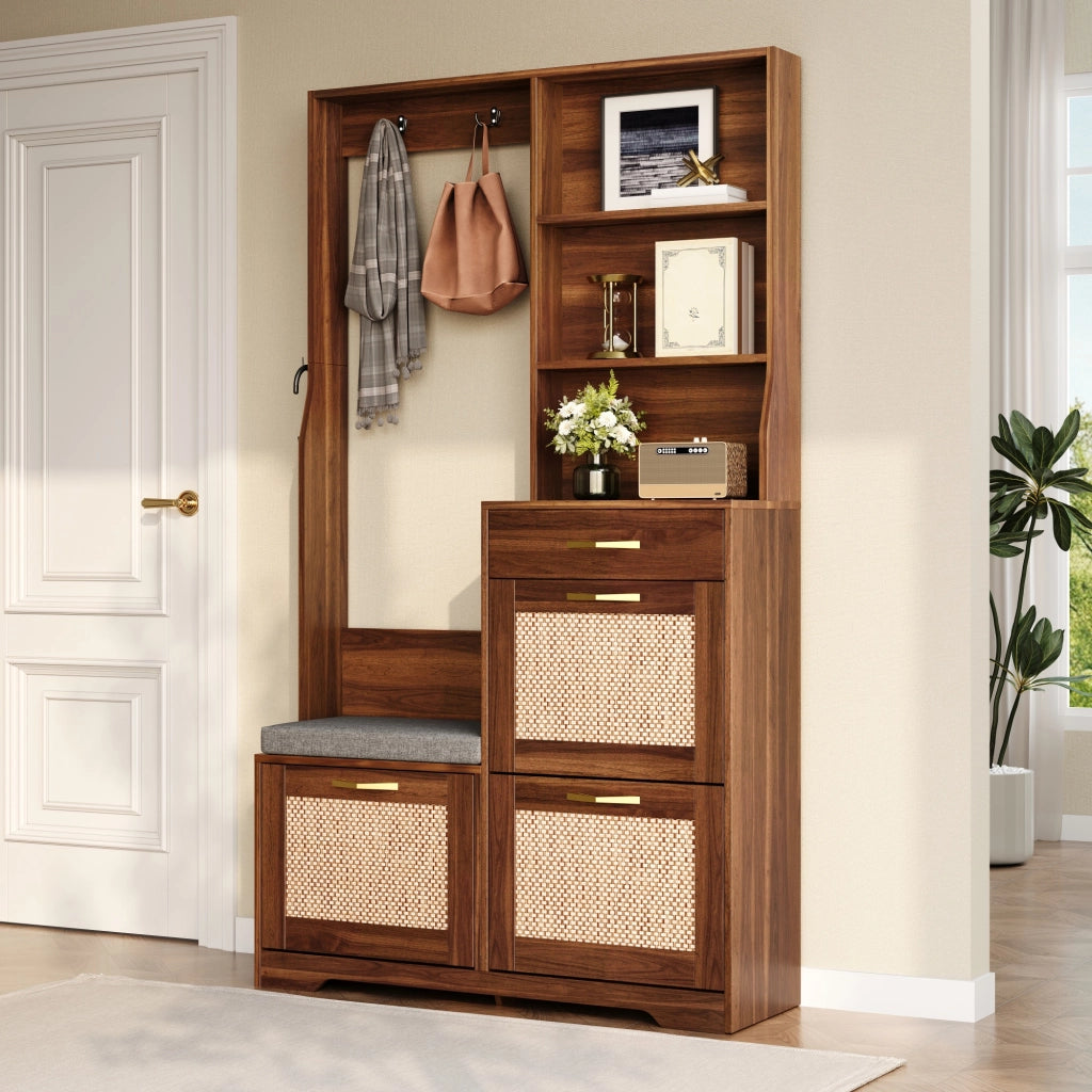 Mobili da ingresso con panca; 3 ribalte porta scarpe; cassetto; ganci e ripiani; in MDF; colore noce