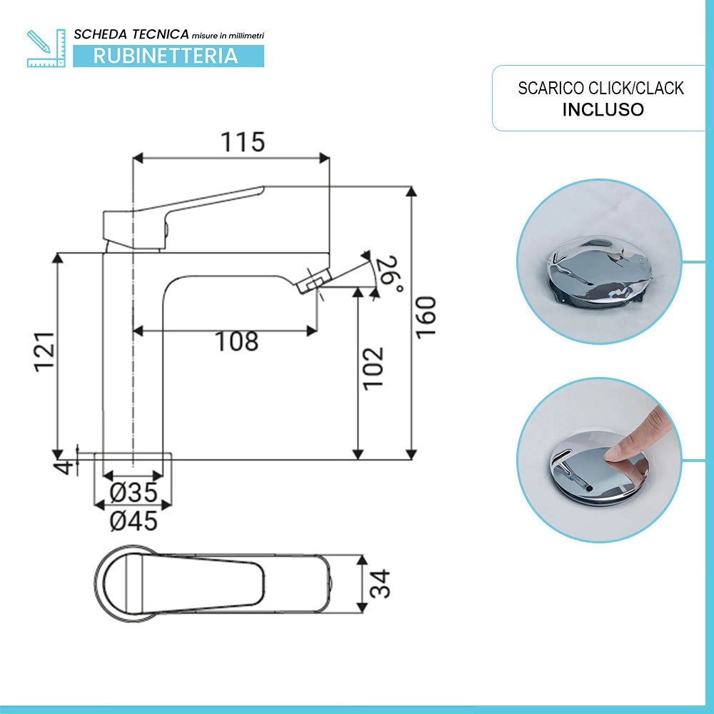 Set rubinetti lavabo, bidet e doccia con deviatore in ottone cromo linea Vegas