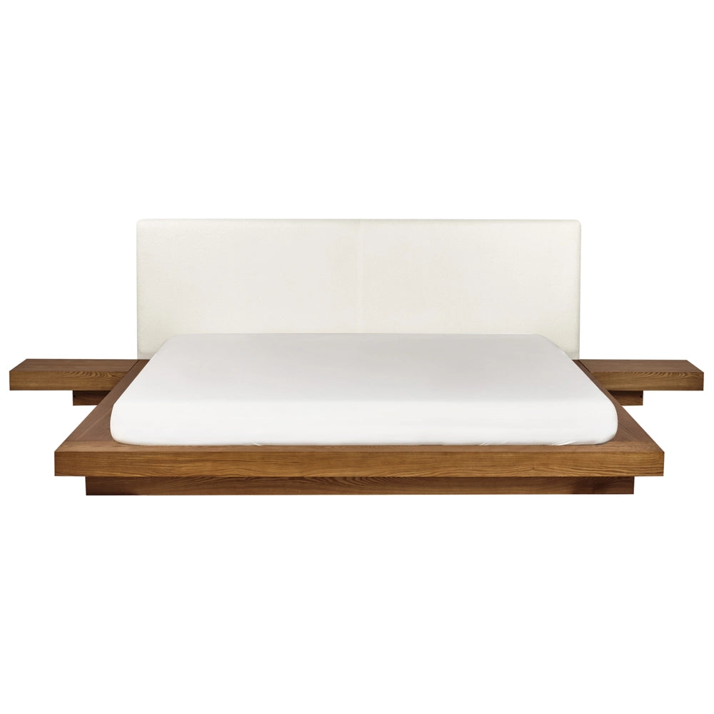 Letto LED in stile giapponese in frassino naturale 180 x 200 cm testata in legno impiallacciato bouclé camera da letto a basso profilo
