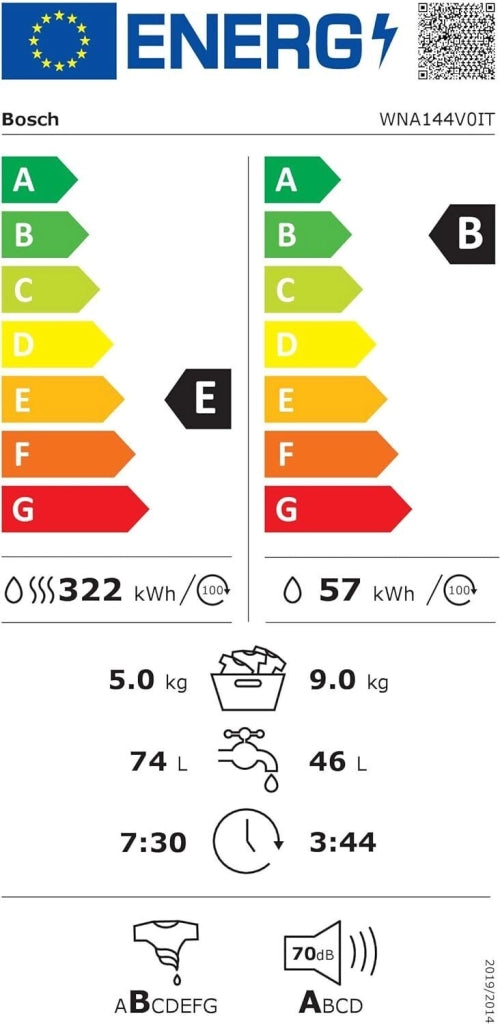 Bosch Serie 4 WNA144V0IT Lavasciuga a libera installazione 9+5 Kg 1400 giri Classe B-E Vapore Iron Assist Motore Inverter EcoSilence Condensatore autopulente Bianco