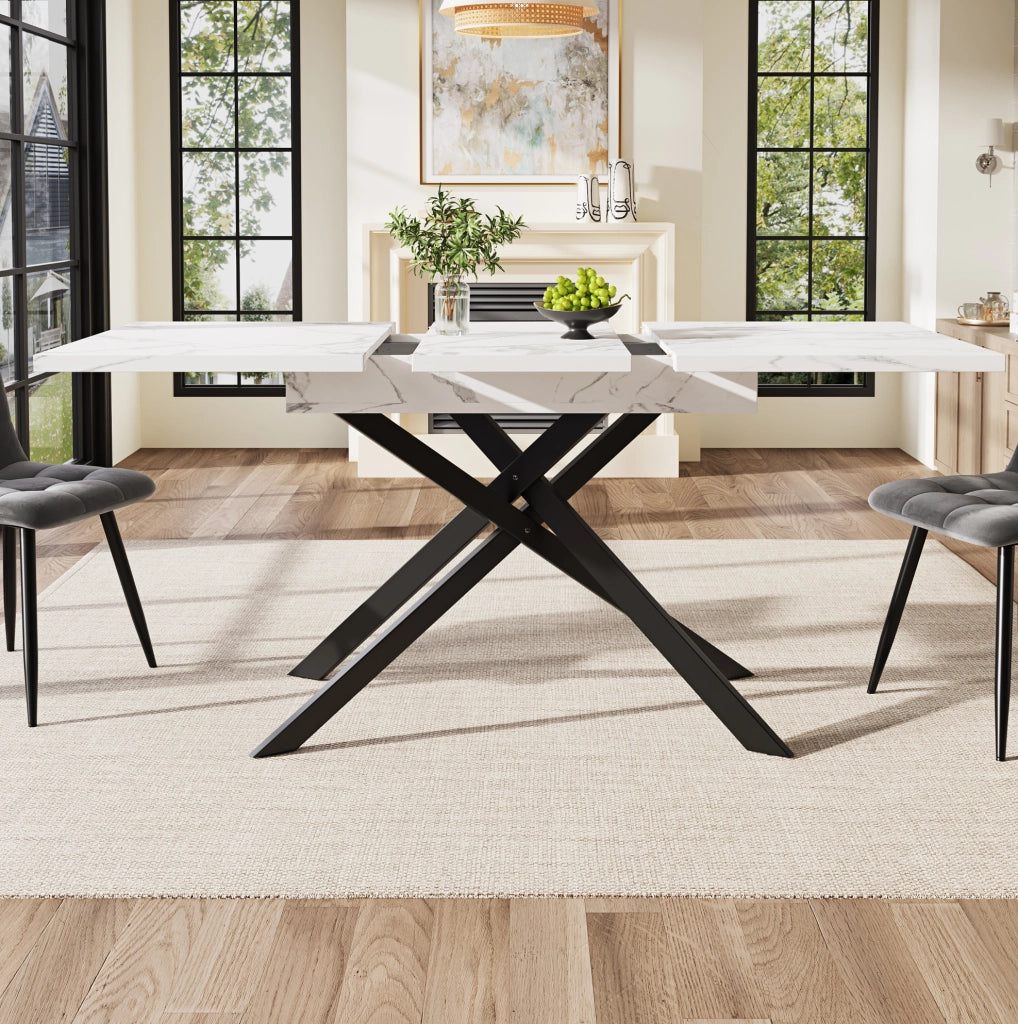 Tavolo da pranzo allungabile 120-160x80x76.5 cm; MDF effetto marmo; gambe in metallo nere