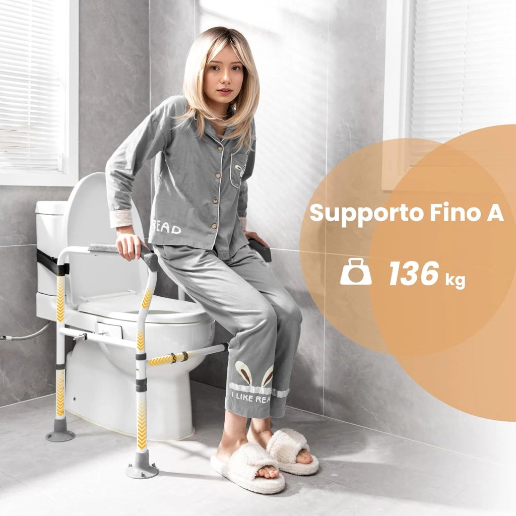 Supporto di Sicurezza Telaio Autonomo per WC, Supporto per WC Regolabile in Altezza e Larghezza con Cinghia di Fissaggio, Con Ventose Antiscivolo (Grigio)