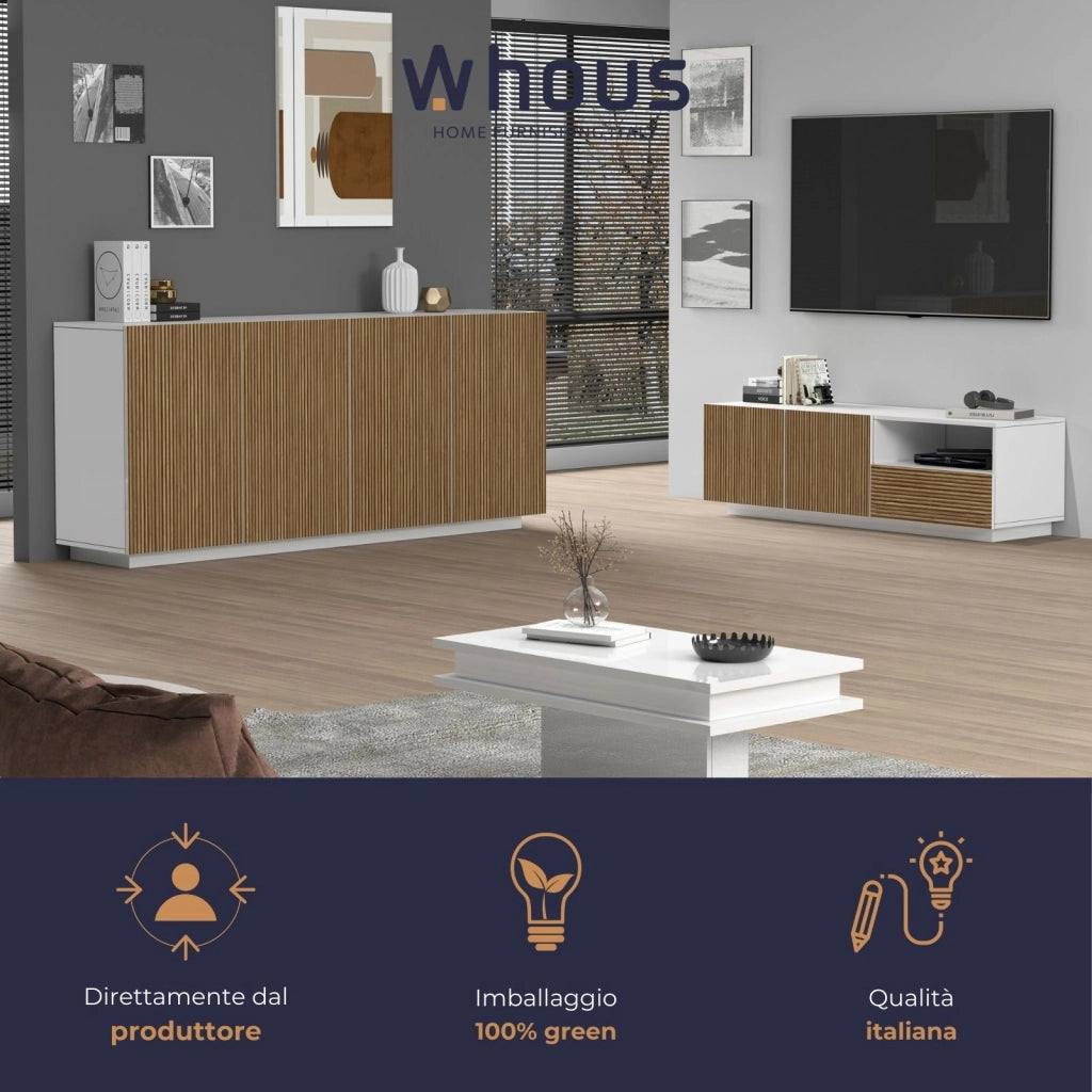 WHOUS Mobile porta tv Coste a 2 ante 1 cassetto e 1 vano aperto bianco/legno chiaro 150x43x46 cm