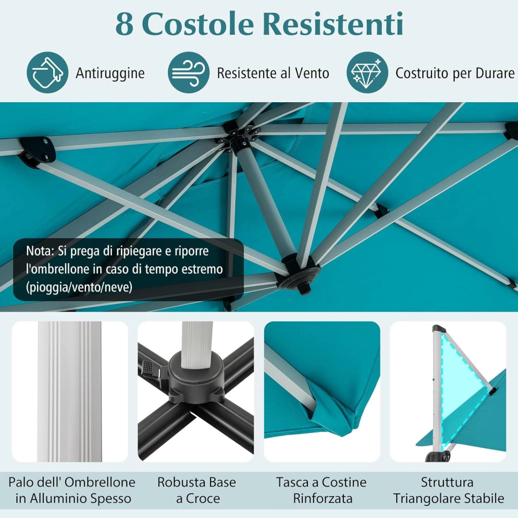 Ombrellone da Giardino, con Base Incrociata, Ombrellone Quadrato da Esterno con Palo in Alluminio e Girevole a 360Â°, Manovella e Inclinazione Regolabile, 300 x 300 cm (Blu)
