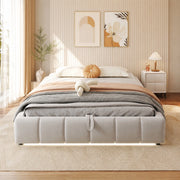 Letto imbottito 140 x 200 cm con struttura idraulica, luce LED bianca, contenitore salvaspazio, senza testiera, beige