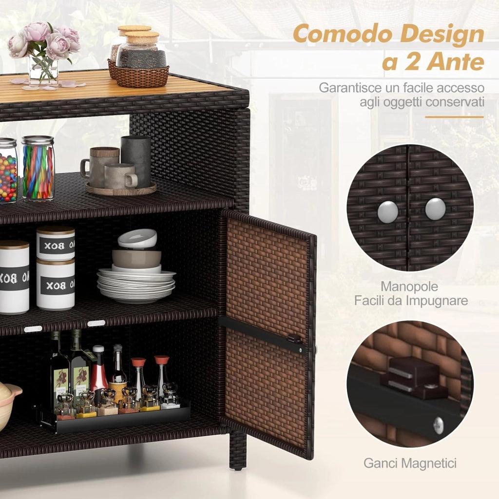 Armadietto Portaoggetti in Rattan, Mobile Buffet per Esterni in Legno di Acacia, Con Compartimento Aperto e Armadio Chiuso a 2 Ante, per Piscina, Terrazza e Patio, 90 x 53 x 86 cm (Marrone)