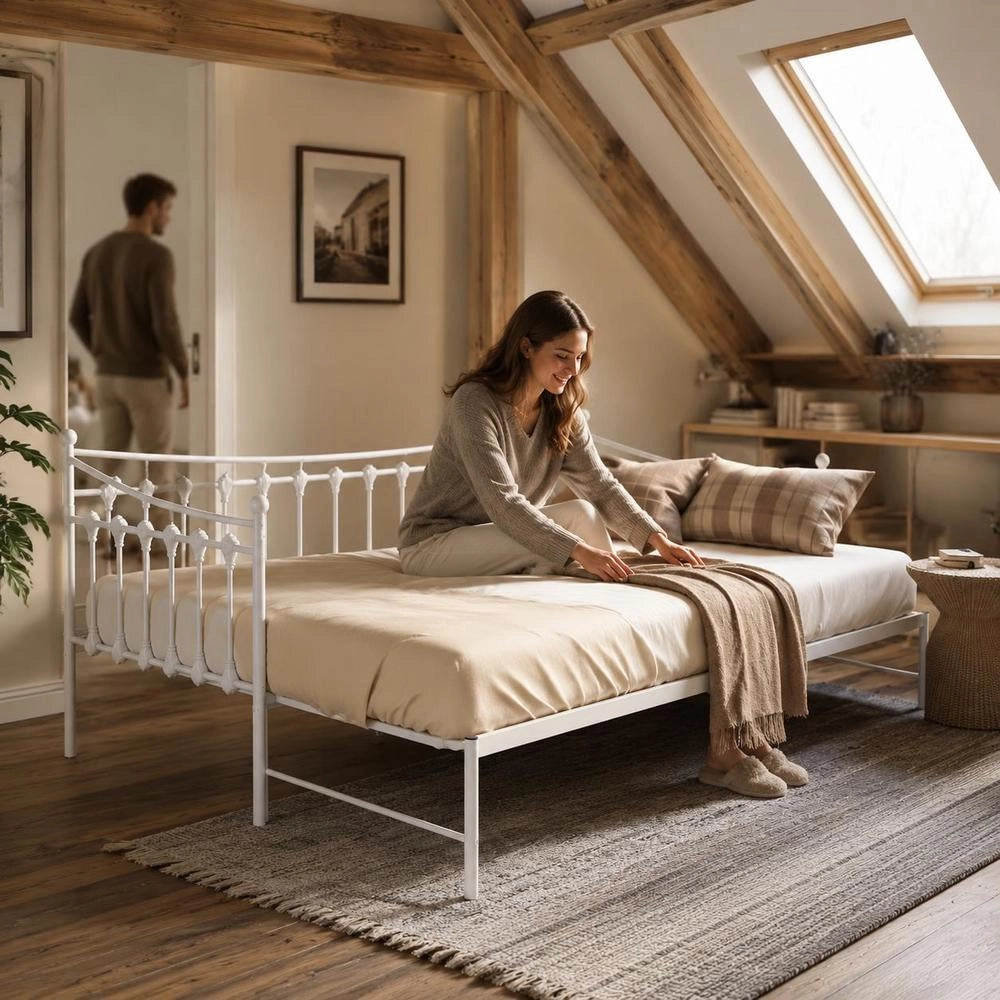 Pull-out Sofa Bed Frame White Metal 90x200 Cm