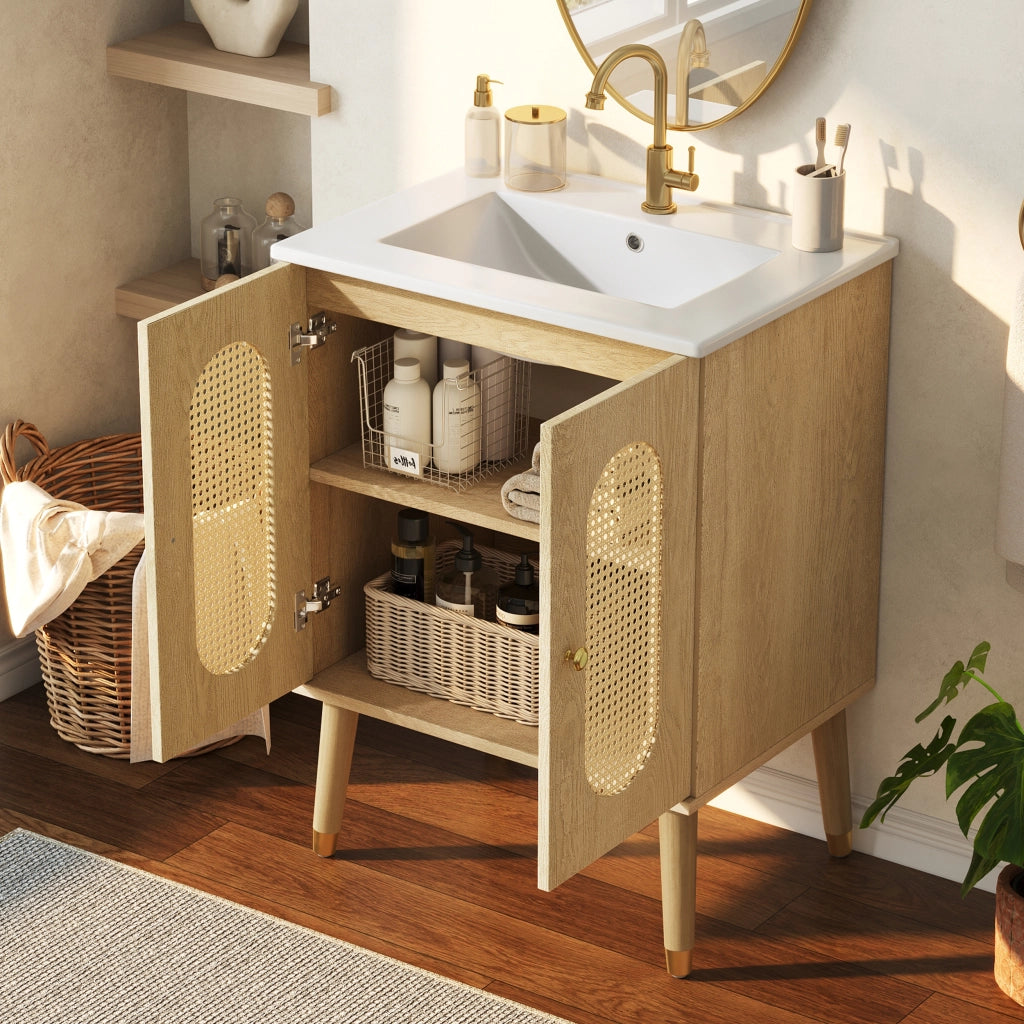Mobile Sottolavabo 61x47x89 cm Effetto Legno con 2 Ante in Rattan e Ripiani Interni