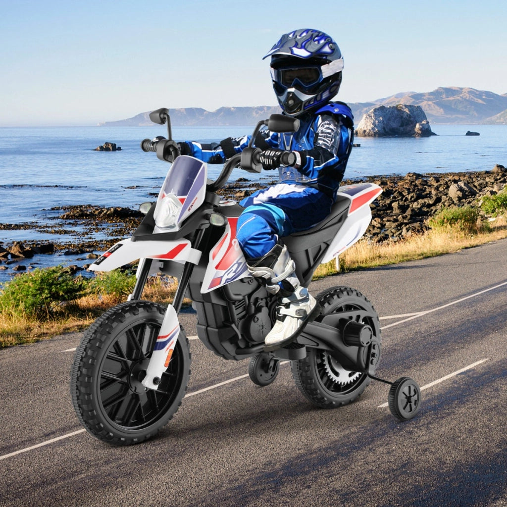 Moto cavalcabile per bambini con licenza aprilia e 2 ruote aggiuntive, Moto elettrica 12V con musica Bianco-Moto elettriche