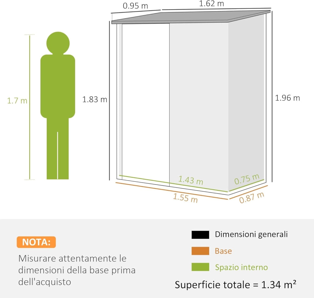 Casetta da Giardino 1.34m² in Acciaio Zincato, Capanno da Giardino con Tetto Inclinato, Guanti e Porta Bloccabile, Capanno Porta Attrezzi, 161.5x94.5x196cm, Nero