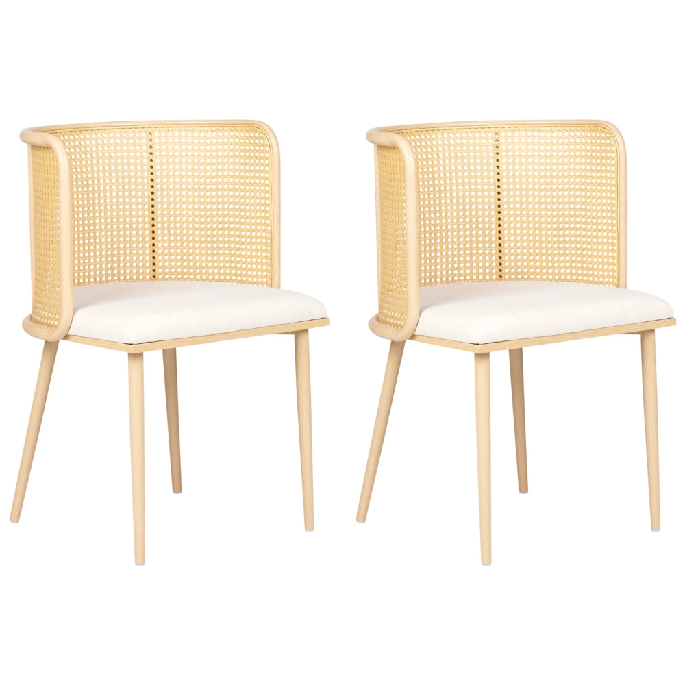 Set di 2 sedie da pranzo con seduta in tessuto e struttura in metallo effetto legno con intreccio viennese stile retrò soggiorno