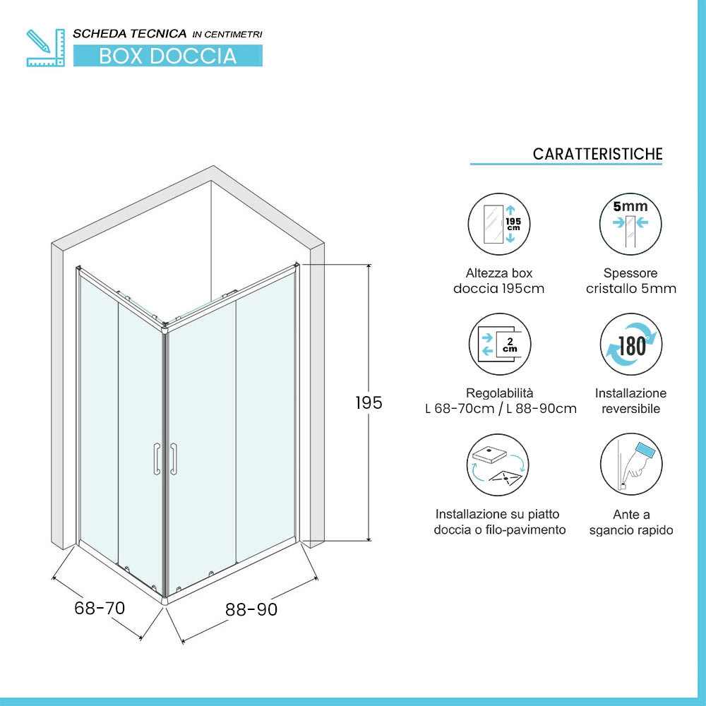 Box doccia angolare 70x90 in vetro temperato trasparente doppio scorrevole con profili bianchi Tay