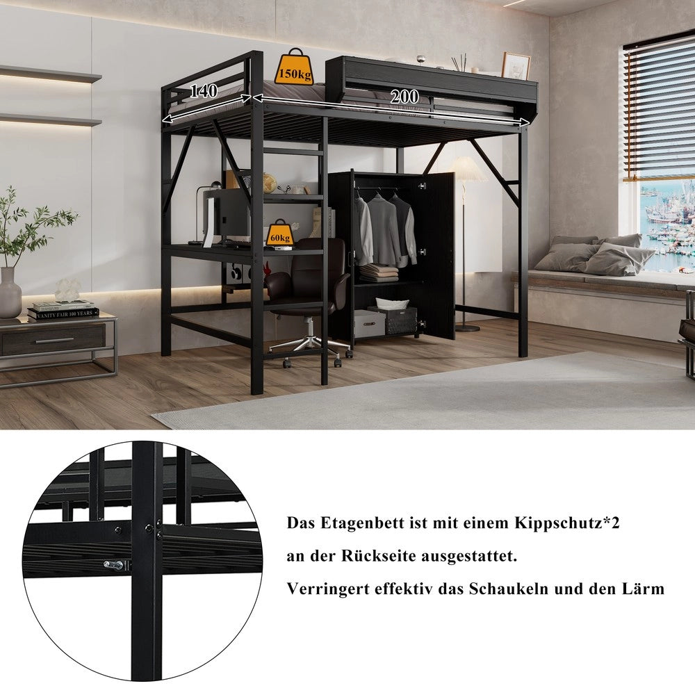 Letto a Soppalco con Scrivania e Armadio ¨C MINIMAL ¨C Ferro e MDF, Nero, 140x200