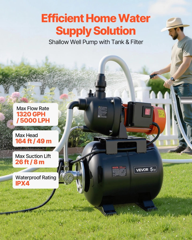 Pompa per Pozzi Poco Profondi Senza Filtro ZXJP1200-A 800 W 230 V IPX4 Serbatoio a Pressione 19 Litri 5000 L/h Testa in Plastica Irrigazione Giardino