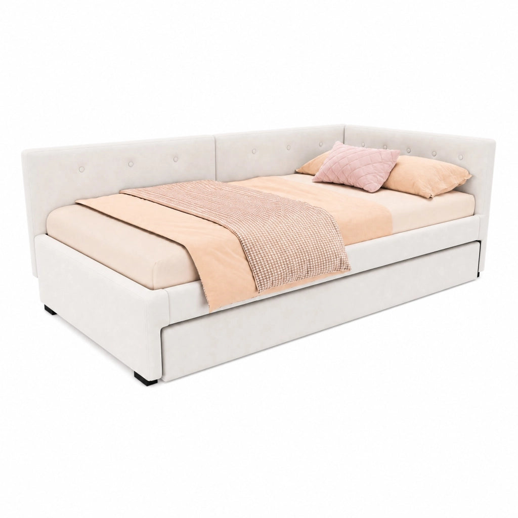 Letto singolo 90x200 cm in velluto beige con letto estraibile, rete a doghe e testiera, senza materasso