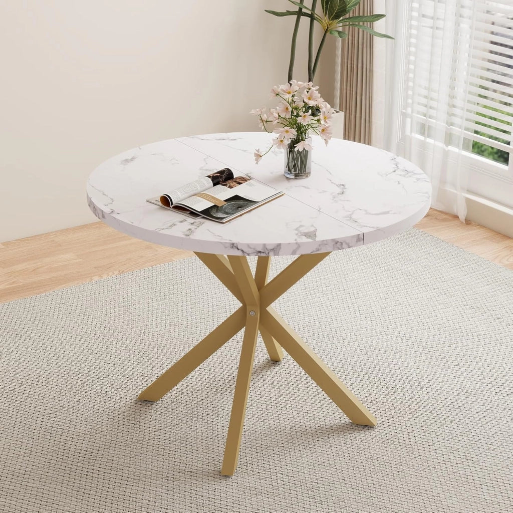 GrandCA HOME Set di Tavolo e Sedie da Pranzo, 100×100×76.5 CM Tavolo da Pranzo Rotondo, 4 Sedie da Cucina Imbottite in Colori Misti, per Sala da Pranzo, Cucina (Marmo-GD + WGPL)