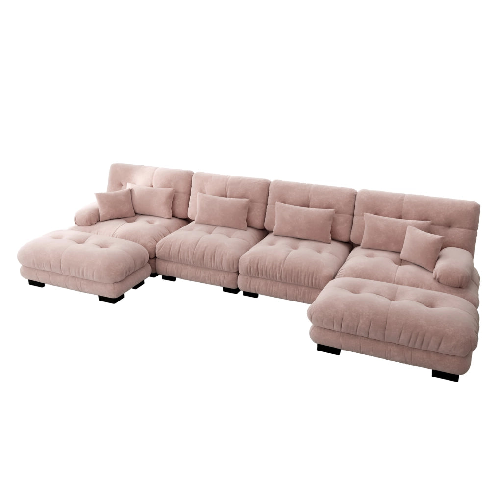 Divano modulare ad angolo a forma di U in chenille rosa, 4 posti con pouf mobile