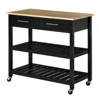 Carrello da Cucina con Ruote, 2 Ripiani, 2 Cassetti, Nero e Legno Naturale