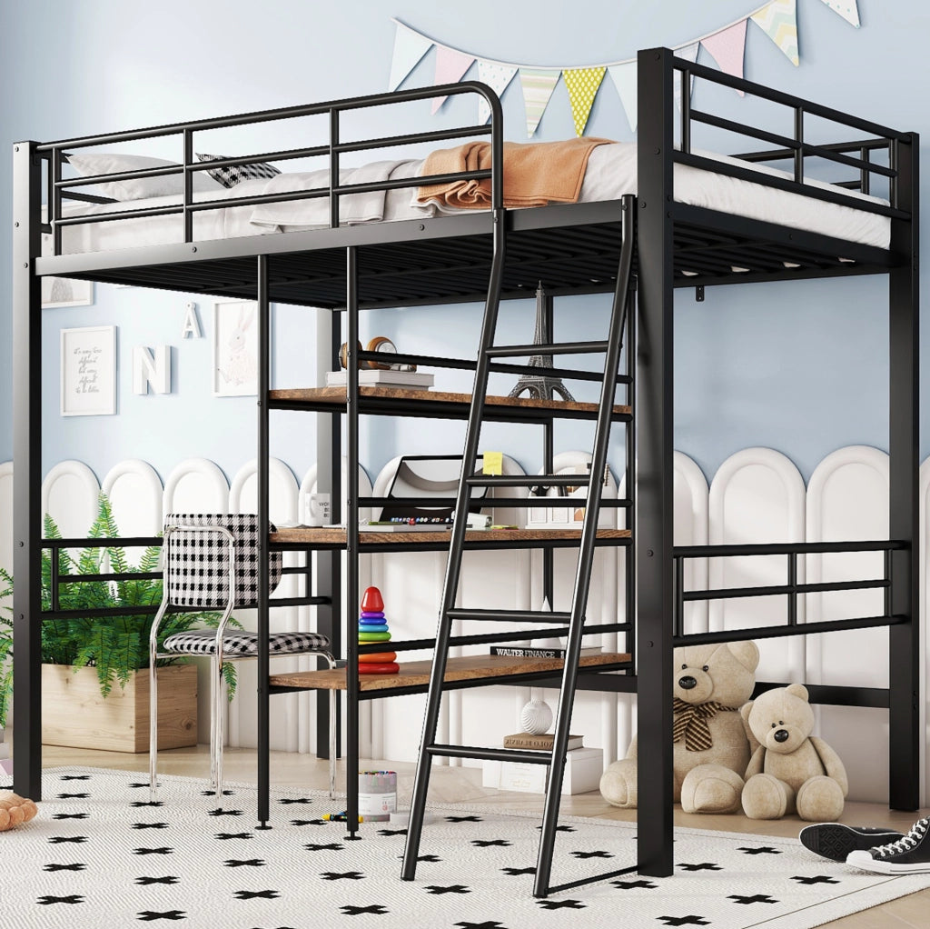 Letto a soppalco 90x200 cm nero in metallo con scrivania, scaffali e scala