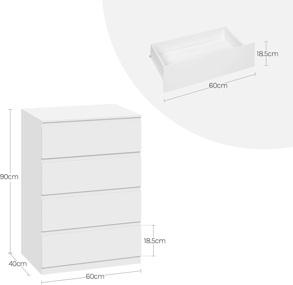 Comò Bianco per Camera da Letto, Cassettiera 4 Cassetti in Legno, Mobile Contenitore per Soggiorno o Ingresso, Dimensioni 60x40x90 cm, KMD004ws
