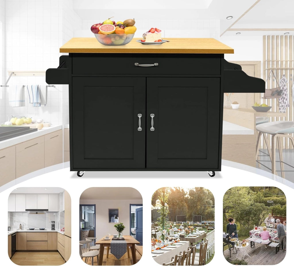 Carrello da cucina nero con ruote e piano di lavoro, carrello da cucina, isola in legno, con portasciugamani e portaspezie, mobile da cucina, carrello da cucina, 115 x 90 x 36 cm