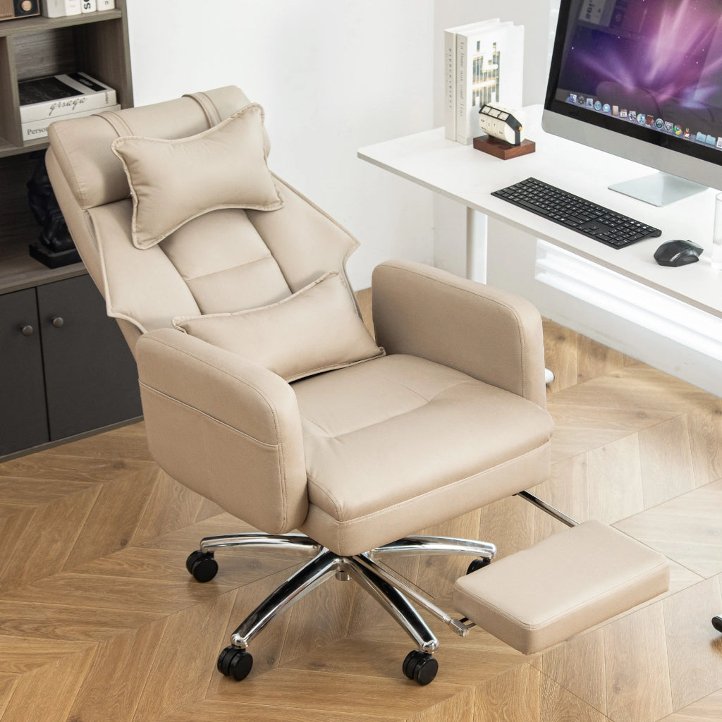 Sedia da ufficio ergonomica girevole - Zephmum- Schienale alto in pelle, supporto lombare e per testa, reclinabile a 155¡ã, colore beige
