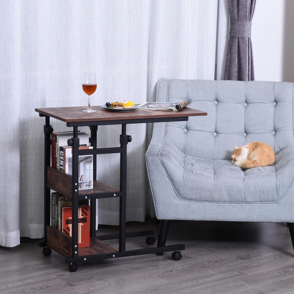 Tavolino con ruote 80x40x72-82 cm regolabile in altezza con 2 ripiani in metallo marrone