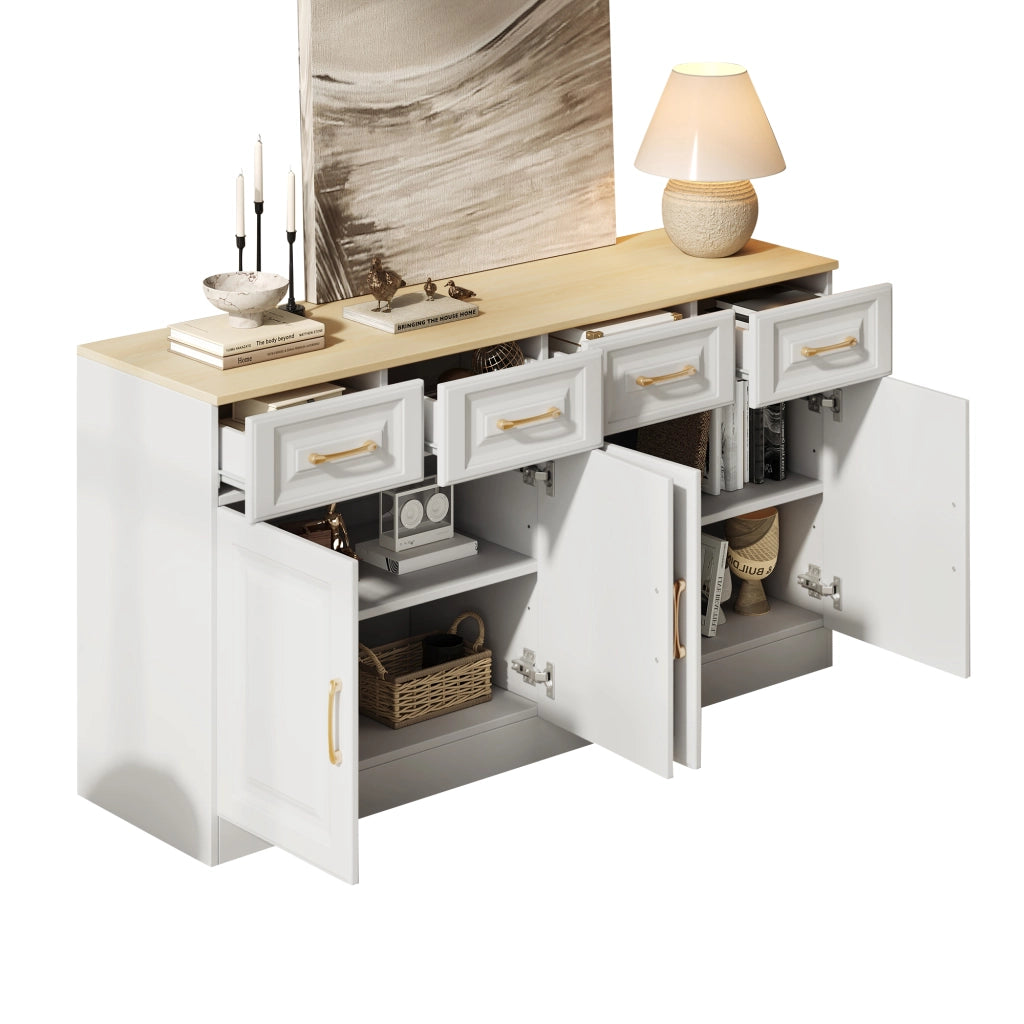 Credenza con 4 ante; 4 cassetti e ripiani regolabili - per cucina - in truciolare - 140×40×75 cm - bianco e rovere