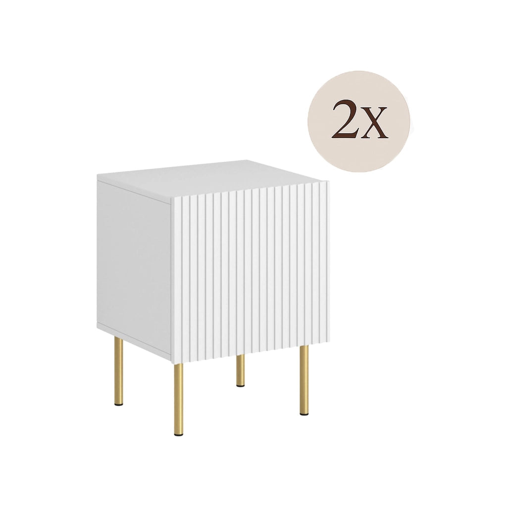 Set di 2 comodini Farini, Comò basso con anta battente e vano interno, Finitura effetto cannettato, 45x40 h51 cm, Bianco
