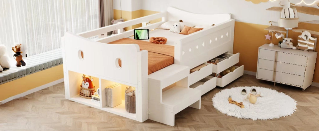 Letto per bambini 90 × 200 cm con 4 cassetti, 2 ripiani, LED, USB e Type-C, barriere di sicurezza, senza materasso, legno bianco