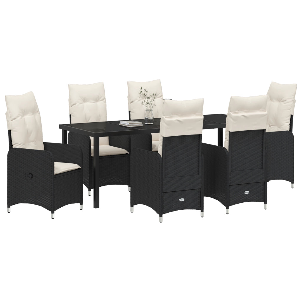 Set da Pranzo da Giardino 7 Pezzi con Cuscini in Polyrattan Nero