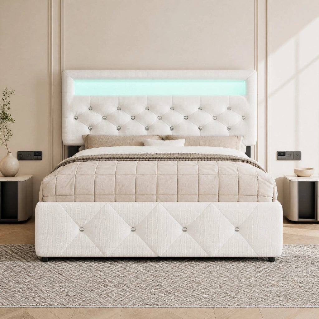 LETTO imbottito 140x200 cm Bianco con letto estraibile e 2 cassetti
