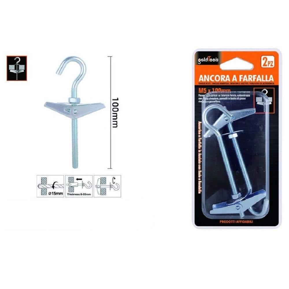 Trade Shop - Set 2 Pz Ancora A Farfalla Con Gancio Acciaio Con Dado Rondella M5x100 Mm 57229 -