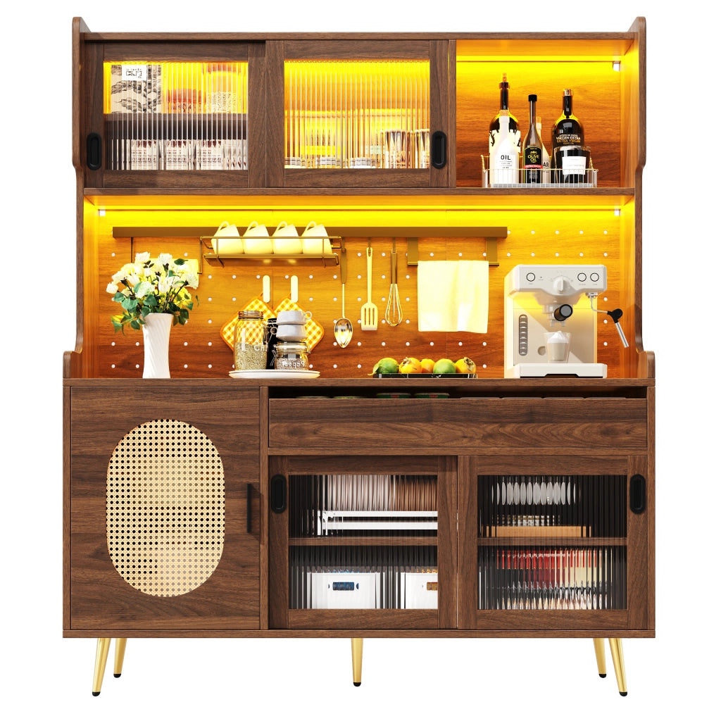 Credenza con Ante e Vetro Scanalato ¨C MINIMAL ¨C Marrone/Nero, 145x39x171cm, 5 Ante, LED