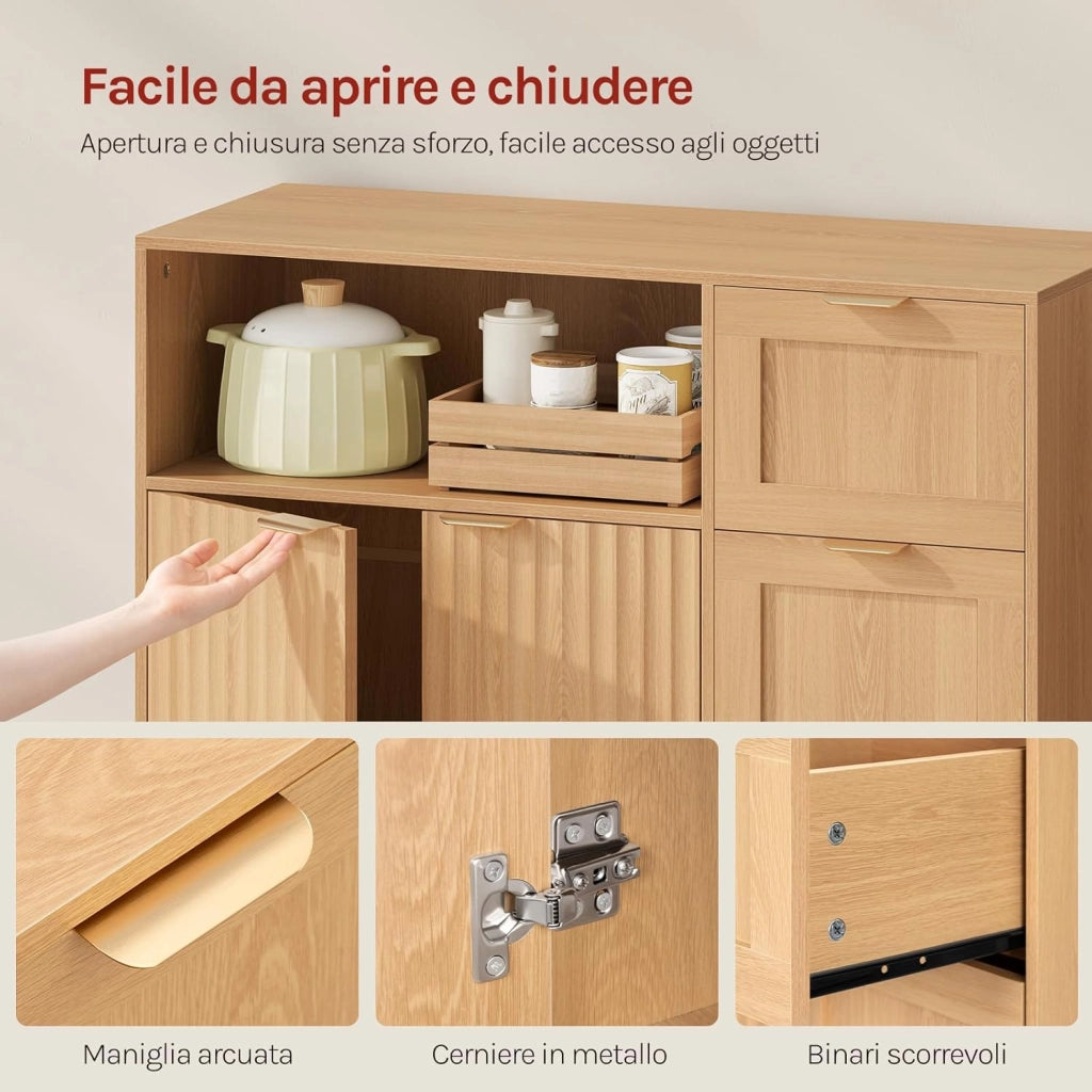 Credenza con 3 Cassetti, 2 Ante e 1 Scomparto Aperto, Mobile da Cucina Salvaspazio in Legno, con Ripiano Regolabile, per Soggiorno, Cucina, 90x35x80 cm, Effetto Legno