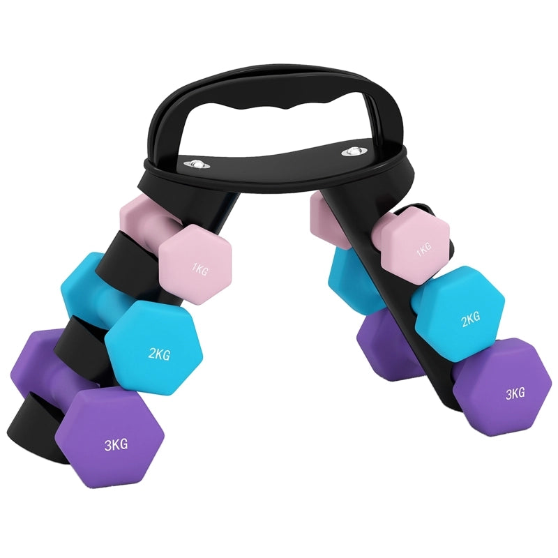 Set di manubri con supporto per riporli, set di 6 manubri per allenamento fitness, 2 x 1 kg, 2 x 2 kg, 2 x 3 kg