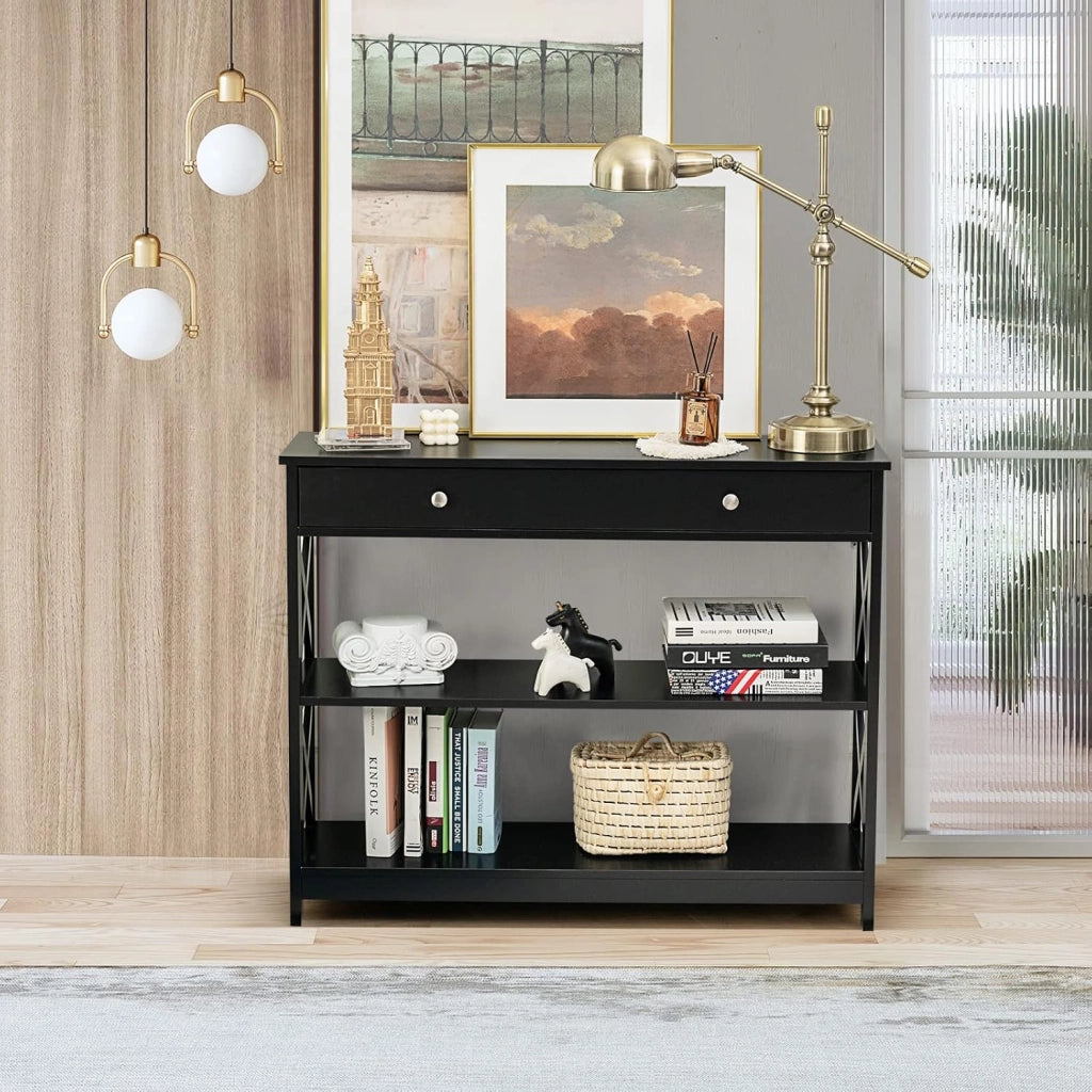 Consolle sottile, tavolino da corridoio con cassetto e 2 ripiani, tavolino d'ingresso, tavolo da ingresso, tavolo sottile, moderno tavolo decorativo con protezione antiribaltamento, 100 x 30 x