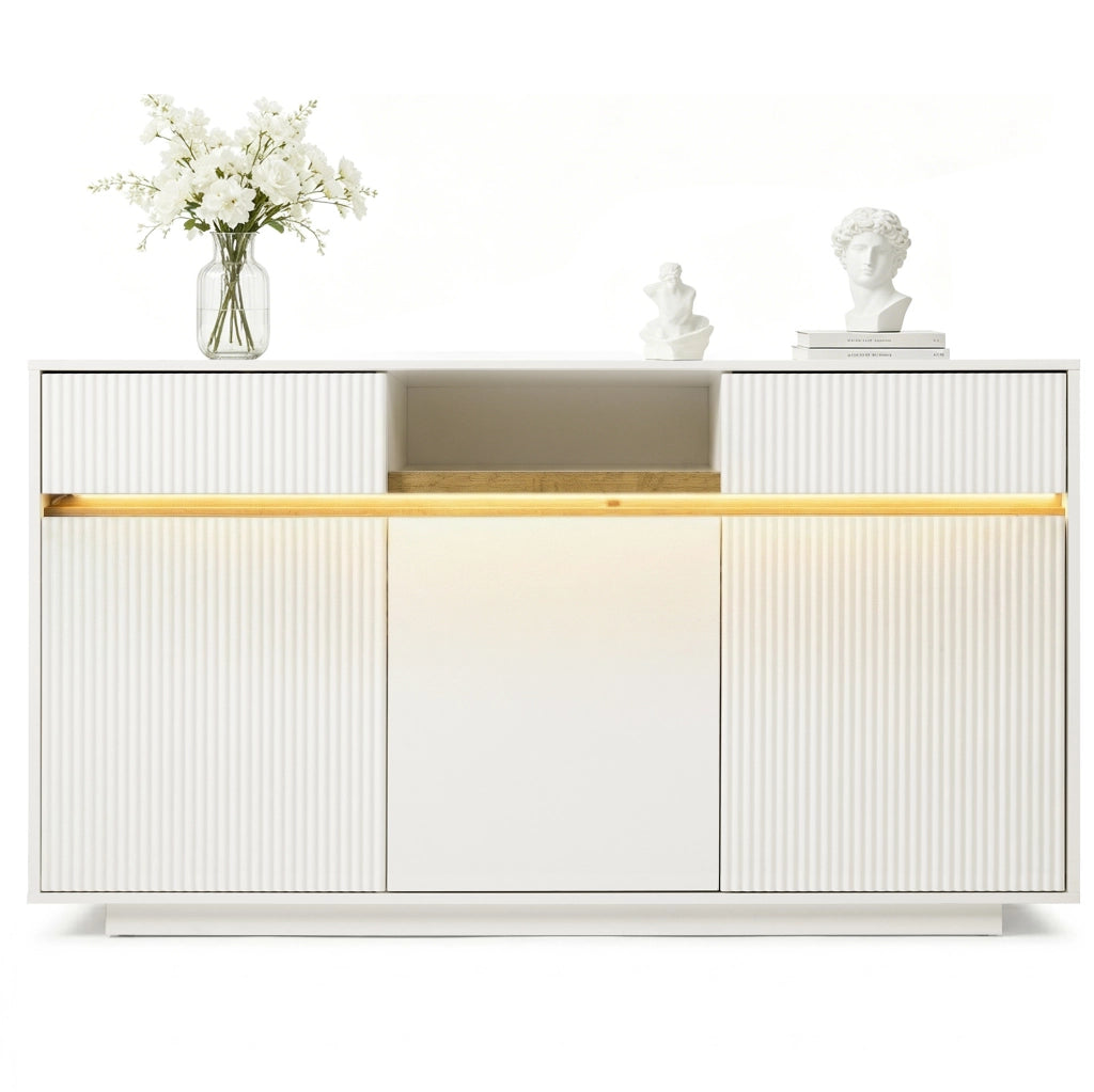 Credenza bianca con LED, 2 cassetti e ripiani regolabili
