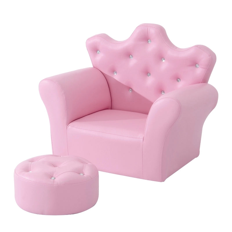 Poltroncina per bambini con ottomana, struttura in legno, rivestimento PU rosa, portata 50 kg