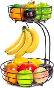 Fruitiera a doppia pianta in metallo per cucina - Baskets per frutta decorativa con contenitore per banane - Ciotola per frutta nera con ciotola per verdure