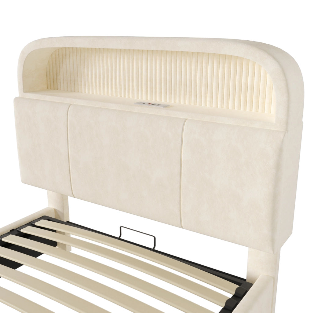 Letto singolo 90x200 cm in velluto beige con testiera regolabile; contenitore; LED e ricarica USB/Type-C